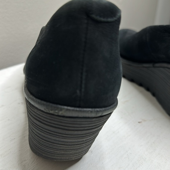 Fly London Yaz Black Leather Suede Chucky Wedge Heels Slip On Shoes EU 38 US 7 - Picture 7 of 12